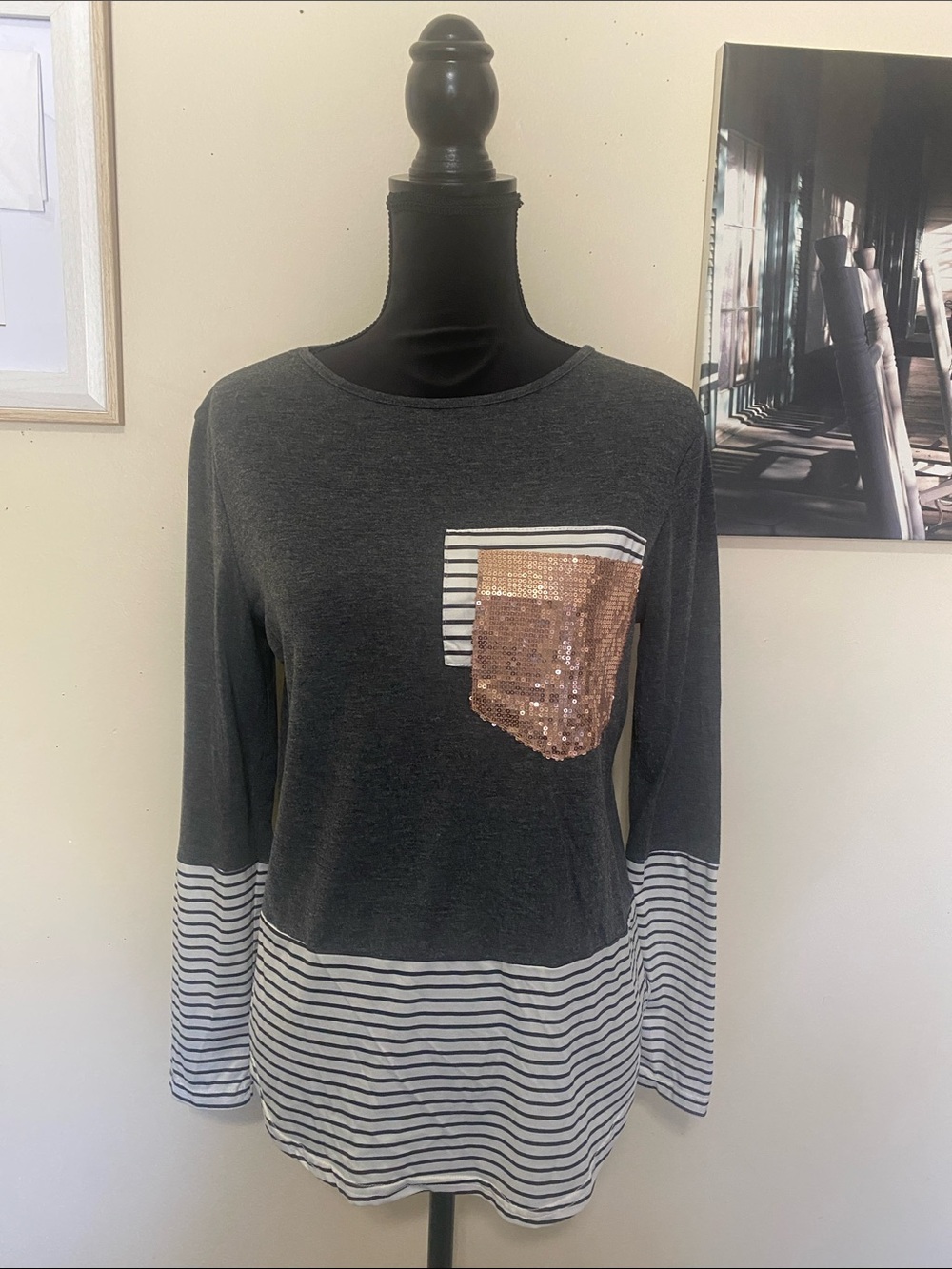 Women's Charcoal Stripe Long-Sleeve Top with Rose Gold Sequin Pocket Sz Med